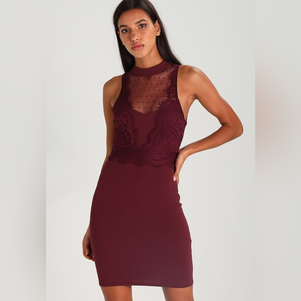 New Look Burgundy Mesh & Lace Trim Bodycon Mini Dress